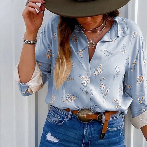 Boho Floral Print Button Down Boyfriend Shirt - Picture 5 of 6